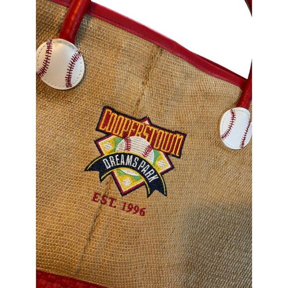 Cooperstown Dreams Park Baseball Themed Tote Bag With Red & Beige Straw Design - Picture 9 of 9